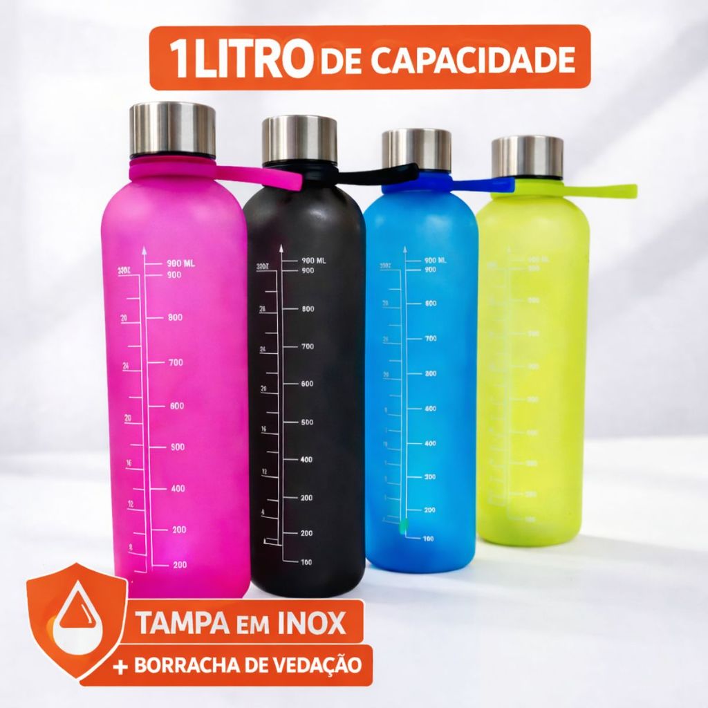 Garrafa de Água 1Litro Squeeze Marcador Motivacional, Alça Removível e Tampa de Inox Antivazamento