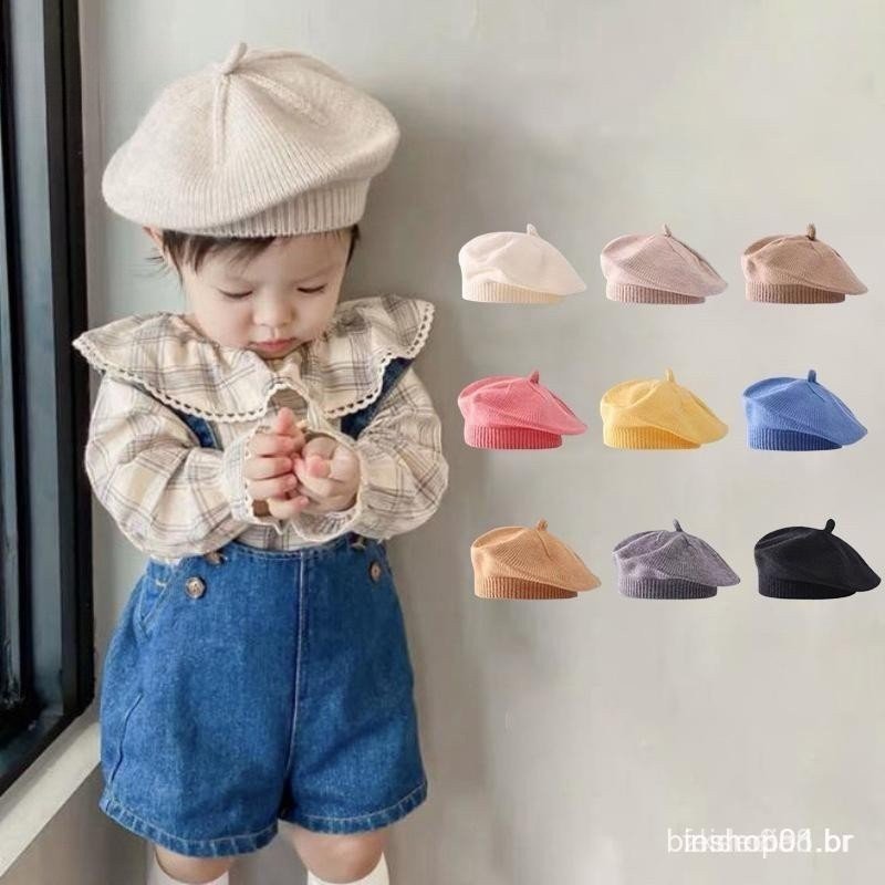 Boina de tricô para bebês, elegante e fofa, em cor sólida, um gorro quente para crianças para uso ao ar livre no outono