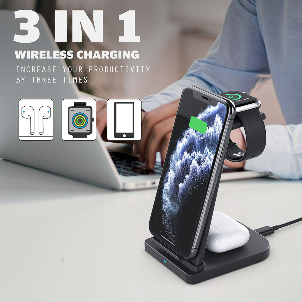 Carregador sem fio dobrável três em um de 15 W adequado para iPhone celular fone de ouvido relógio carregador sem fio ca