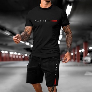 Kit Bermuda Short Mole + Camiseta PRETA PARIS MINIMALIST kit Basico Algodão Malha Premium
