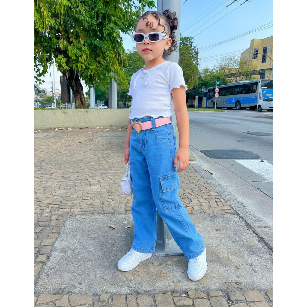 Calça Jeans Infantil Wide Leg Com Cinto Bolso Estilosa