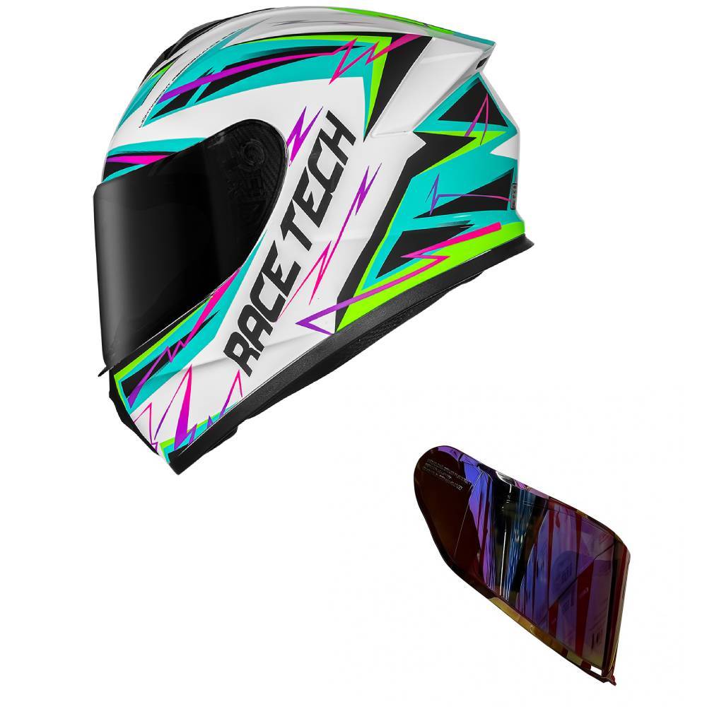 Capacete Race Tech Hit Spark Branco e Verde Mais Viseira Camaleão Vermelha