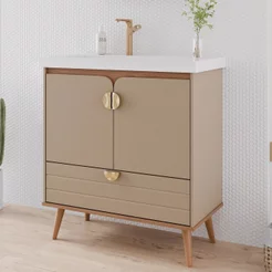 Gabinete para Banheiro 80cm com 2 Portas 1 Gaveta e Cuba de Embutir Trancoso Marrom/Cappuccino Cappuccino