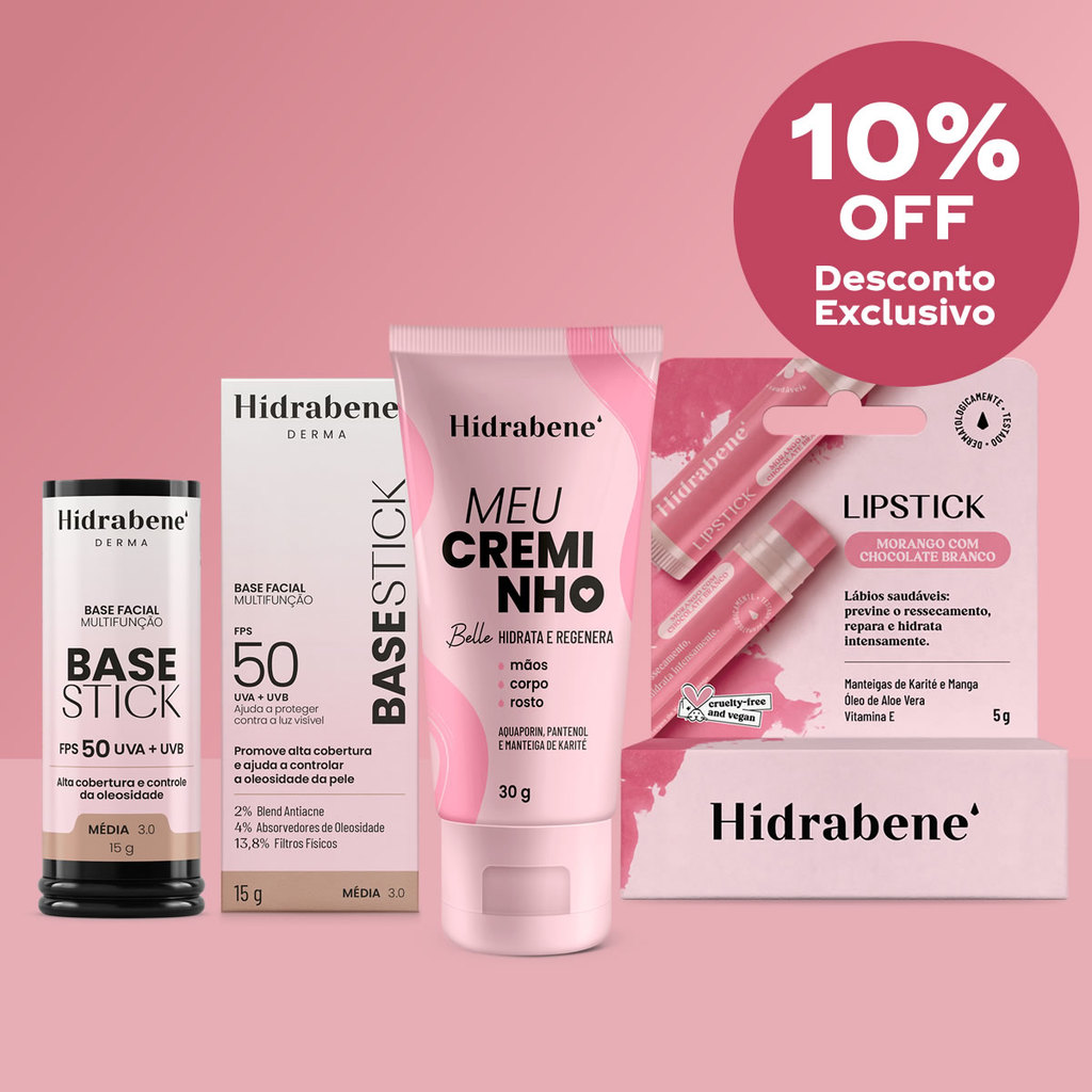 Kit Hidrabene Base Stick Média 12g + Meu Creminho 30g + Lipstick 5g em Oferta na Shopee