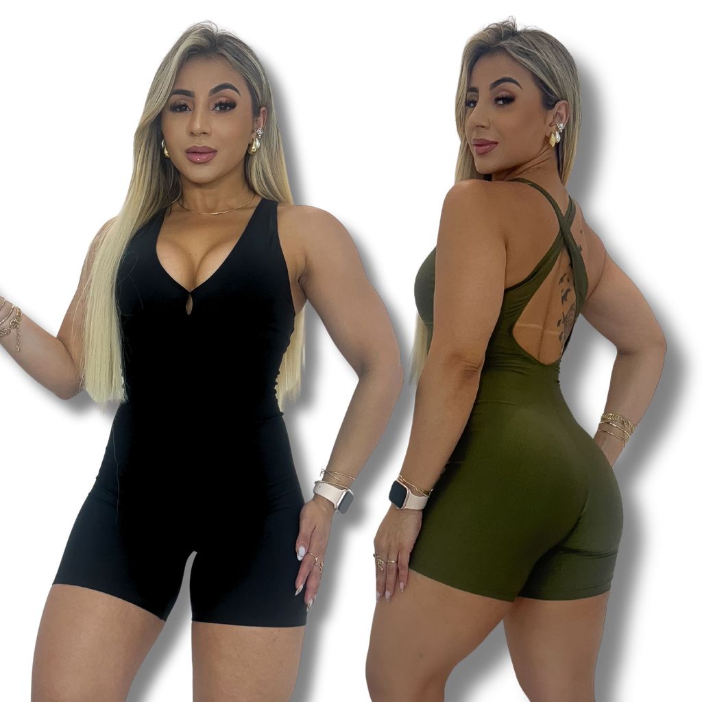 Macacão De Academia Feminino Curto Fitness Cruzado Nas Costas Liso