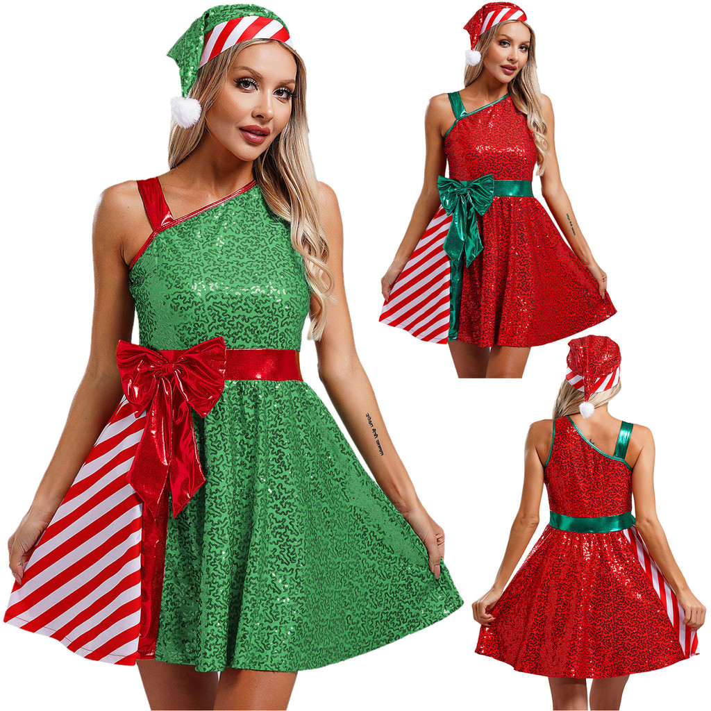 Yeahdor Feminino Traje De Natal Papai Noel Sem Mangas Lantejoulas Listras Vestido Com Chapéu De Conjunto Festa