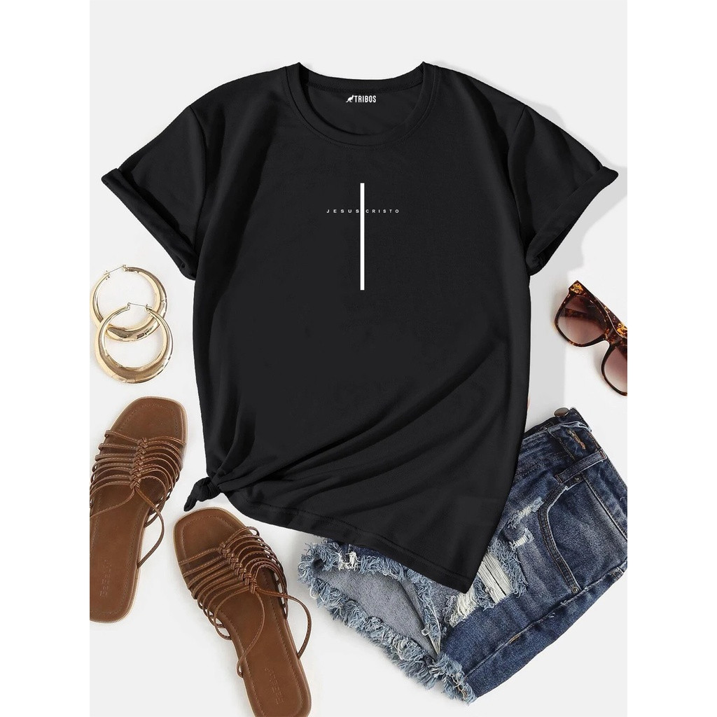 [Camiseta Premium em Algodão Puro]CC Camiseta feminina Arte minimalista Cruz Jesus Cristo branca Preta de algodão
