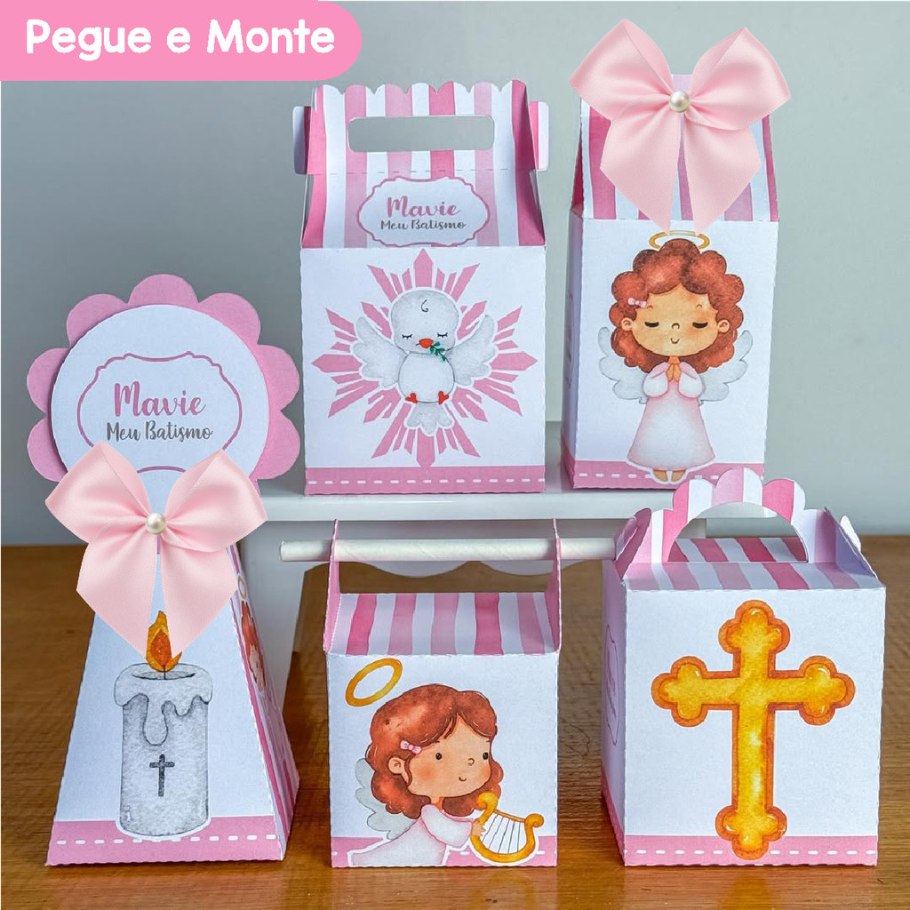 Kit Festa Batizado Rosa Batismo Menina | Personalizados | Lembrancinhas | Caixinhas | (Pegue e Monte)