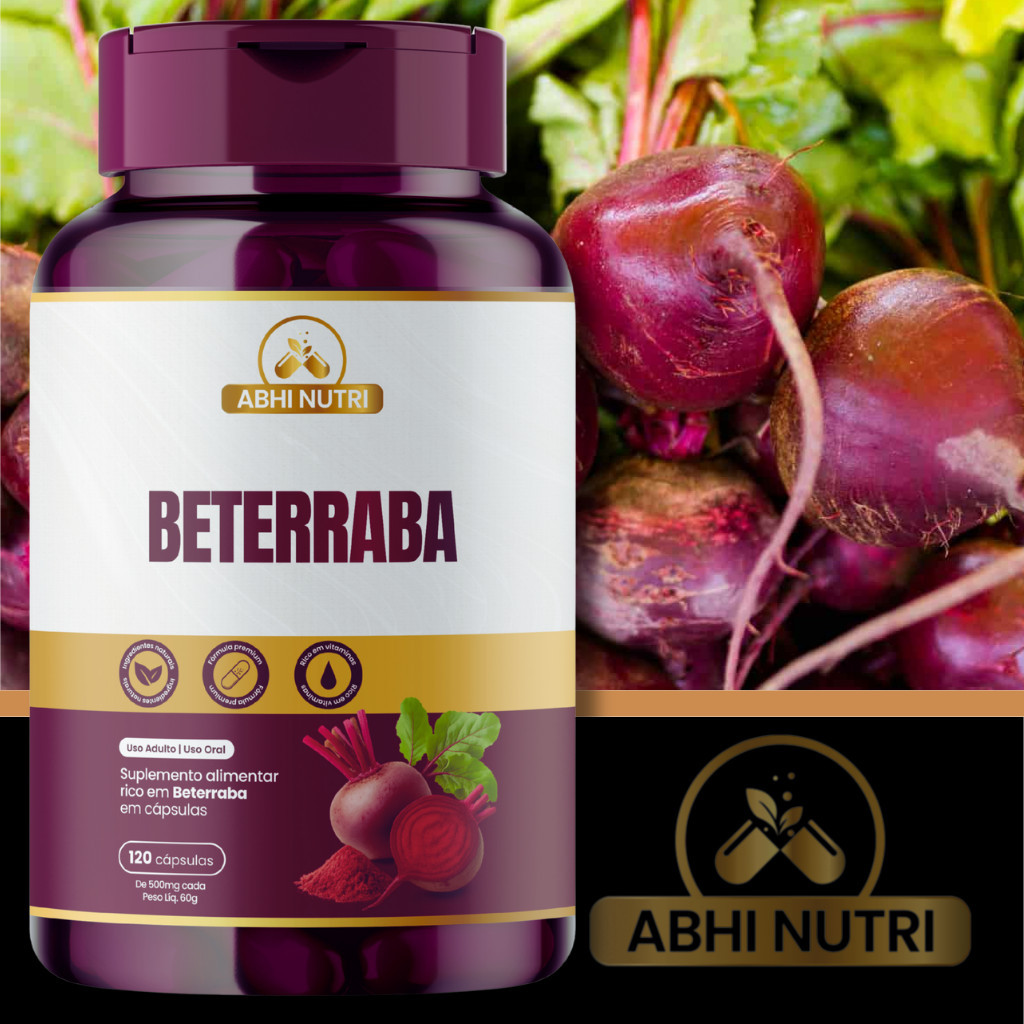 Beterraba - 120 Cápsulas de 500 mg - Kits Com 1, 2 e 3 Frascos. ABHI Nutri