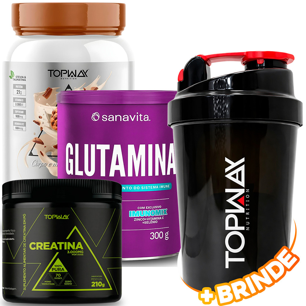 TopWay Whey Protein 100% 900g Cookies + Sanavita Glutamina em Pó 210g + Creatina em Pó 300g