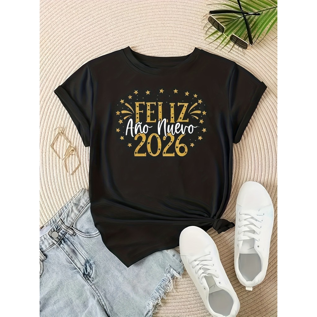 Camiseta 2026 Feliz Ano Nuevo Lettering Estrela Dourada Estampada Redonda Festiva Confortável Linda Estilosa Primavera