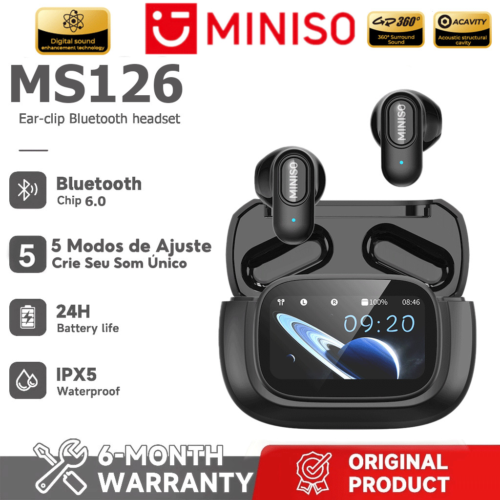 MINISO MS126 Fone de ouvido Bluetooth sem fio Bluetooth 6.0 LED Touch Screen 5 modos de música Fones de ouvido Microfone