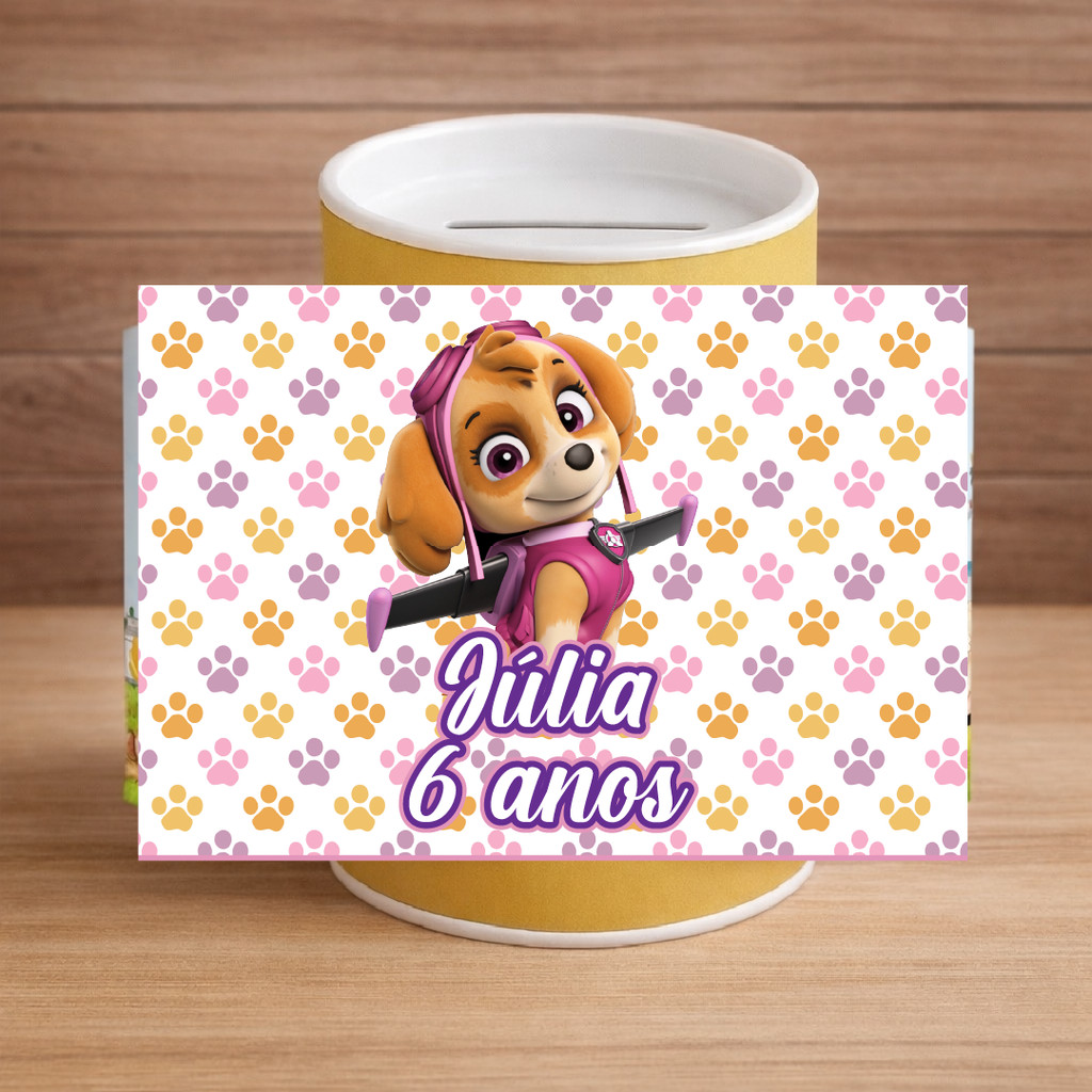Rótulo adesivo Couche para Cofrinho  Personalizado Lembrancinha  Aniversário, Brinde sky skye everest patrulha canina