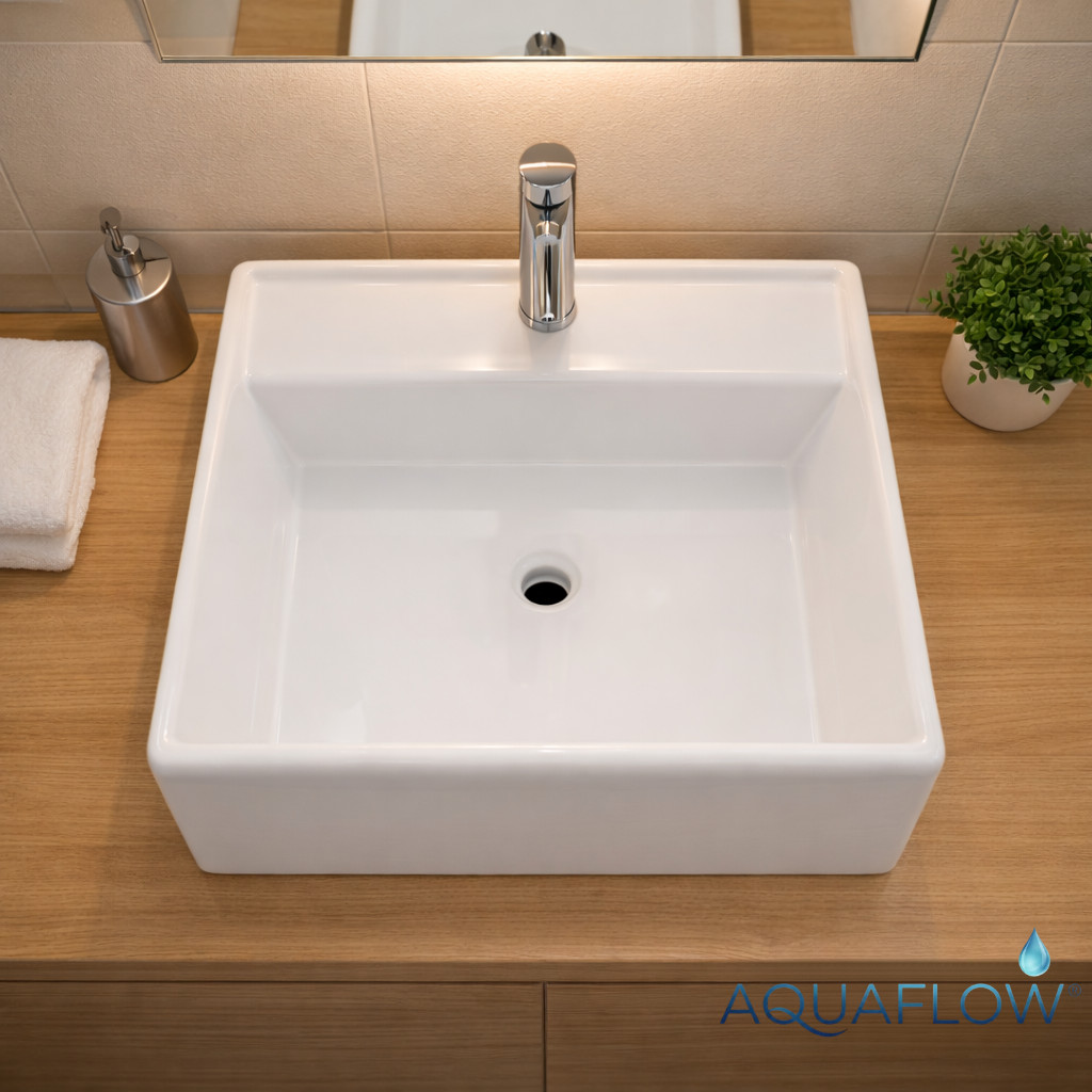 Pia Cuba para Banheiro Quadrada 43,5x43,5cm AquaFlow Louça Lavabo em Porcelana Branca Lavatório