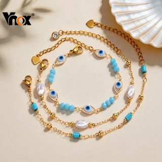 Vnox Evil Eye Pulseira Pérola Turquesa Espaçador Contas , Boho Chic Corrente De Mão Ajustável Para Mulheres
