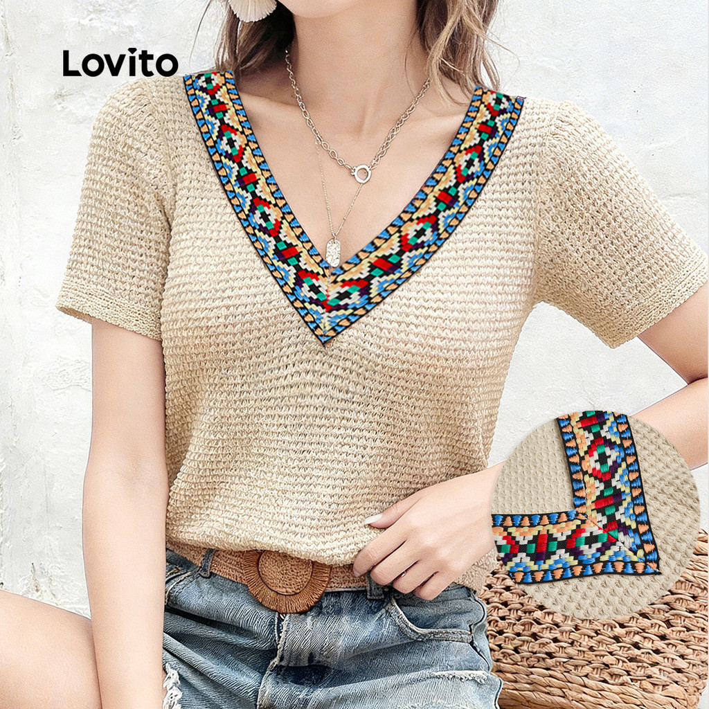 Lovito Férias Camiseta em Tecido com Costura em Tecido Gola Babado Camiseta de Primavera/verão para Mulheres L184ED148