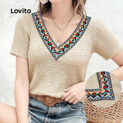 Lovito Férias Camiseta em Tecido com Costura em Tecido Gola Babado Camiseta de Primavera/verão para Mulheres L184ED148