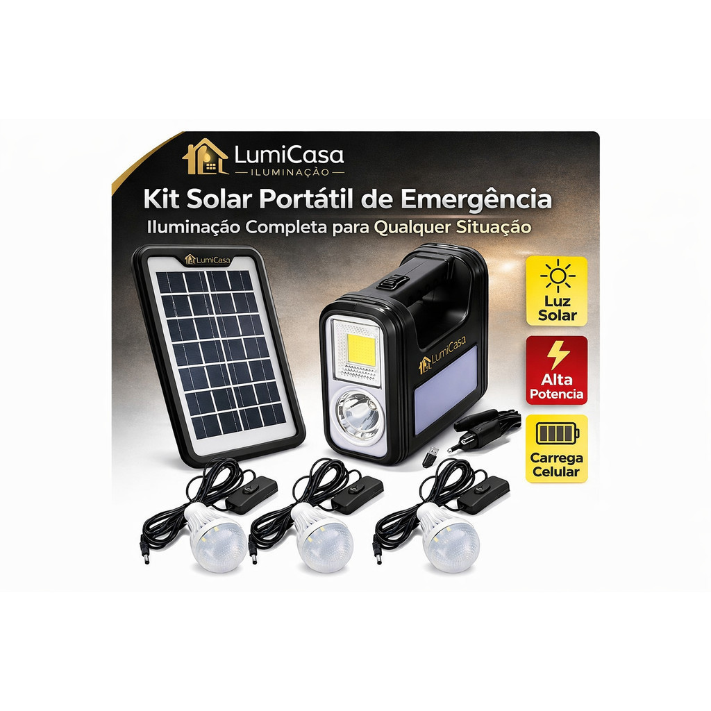 Kit Solar Portátil com Lanterna LED e 3 Lâmpadas | Ideal para Camping, Falta de Energia e Uso Doméstico
