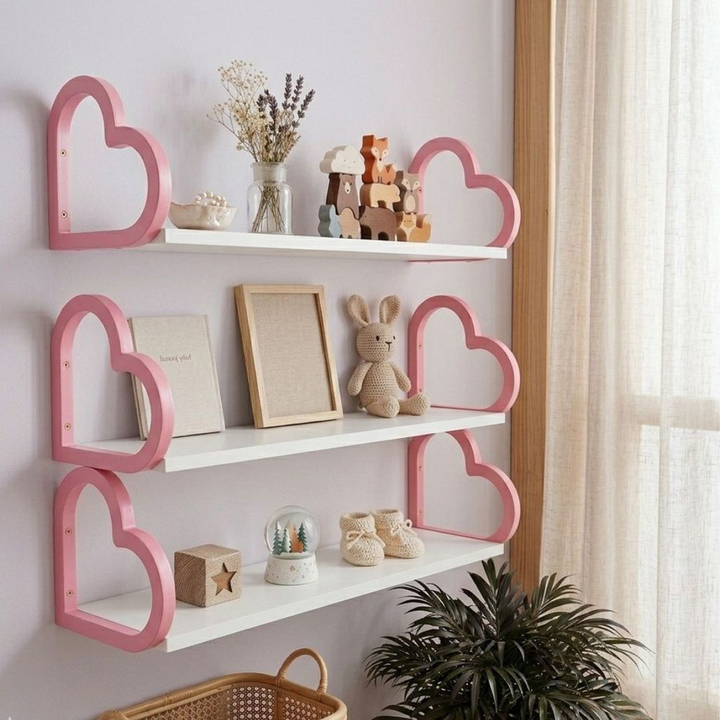 Tres prateleiras coração quarto de bebê menina rosa e branco