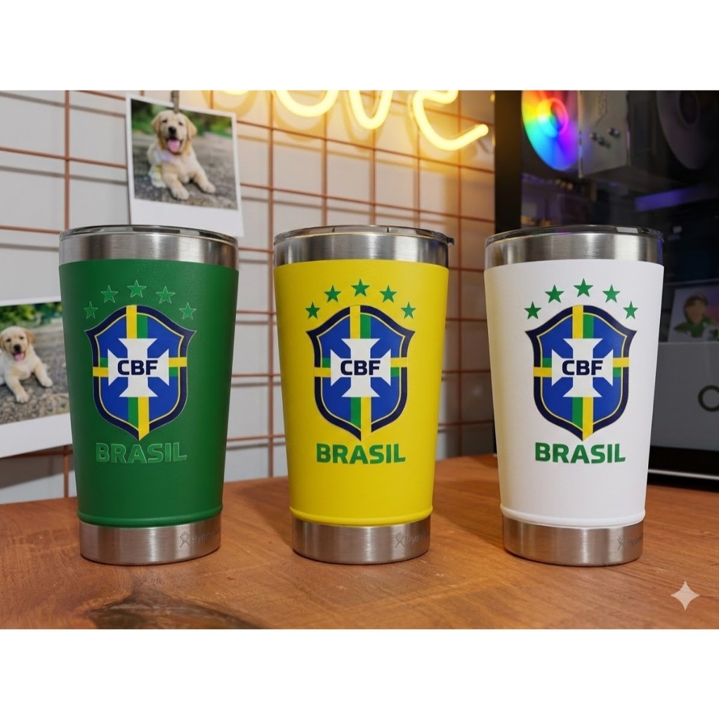 Copo Térmico 473ml Copa do Mundo Seleção Brasileira com Tampa e Abridor