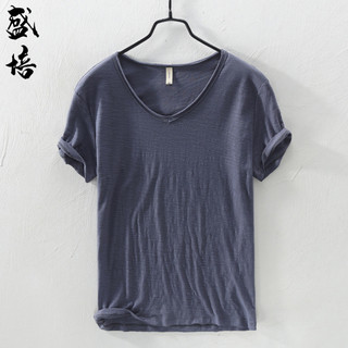 Camiseta masculina de manga curta com decote em V Slub algodão verão fino simples meia manga topo japonês Retro puro alg