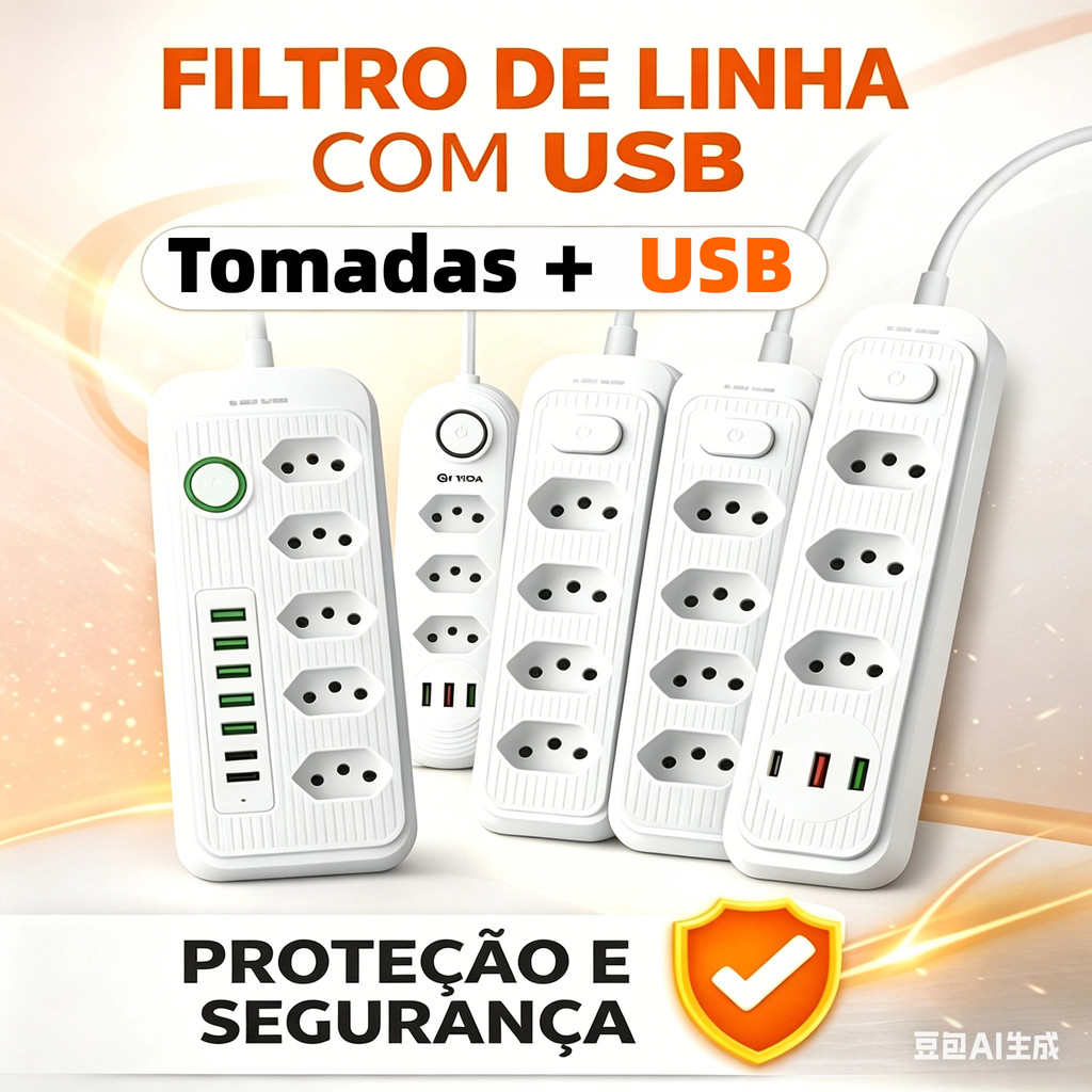 Régua de Tomada com USB Extensão Elétrica Bivolt Múltiplas Entradas Proteção Sobrecarga