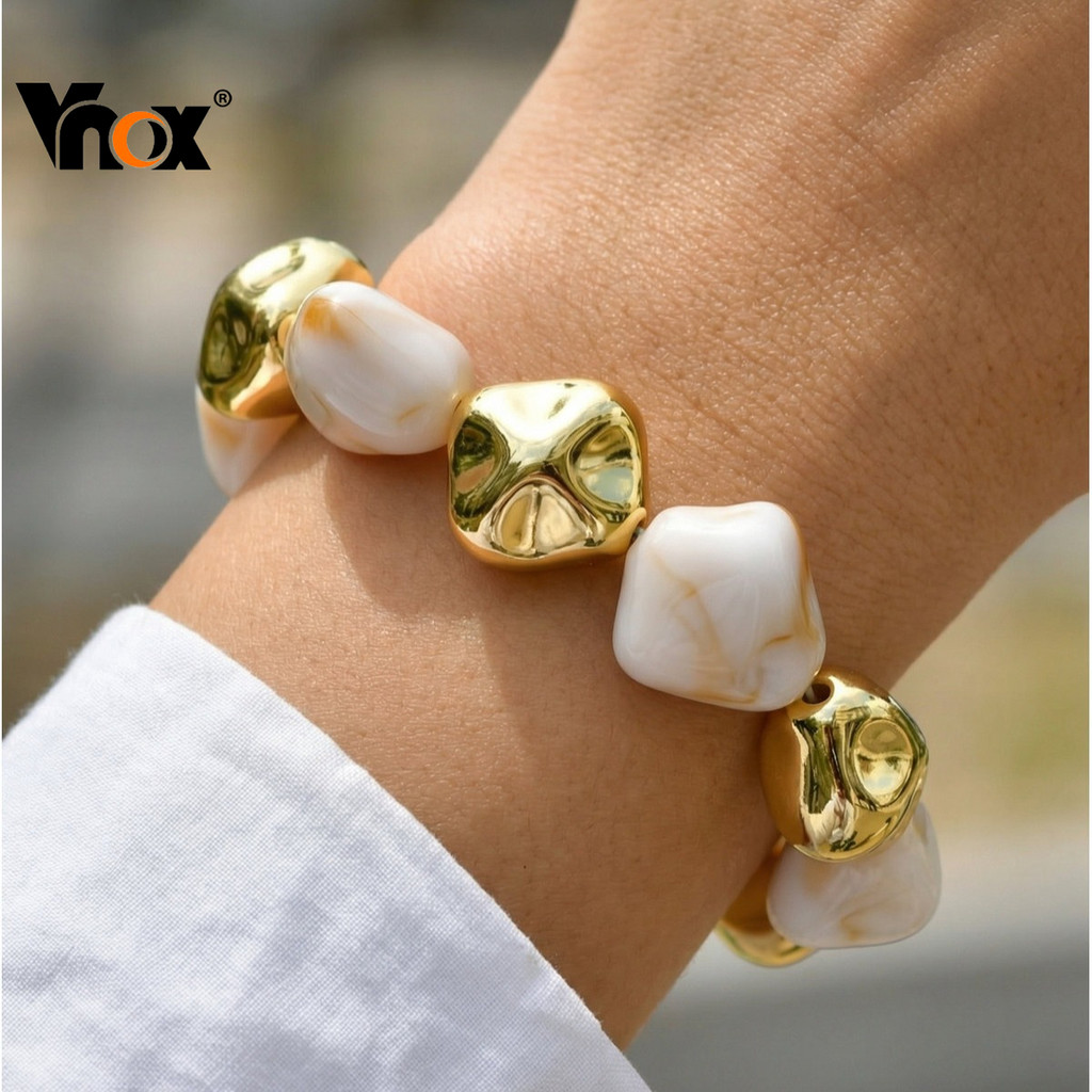 Colar Gargantilha Feminino Vnox Com Contas Grossas De Resina Vintage – Design De Irregulares Em Ouro Banhado , Peça Curt