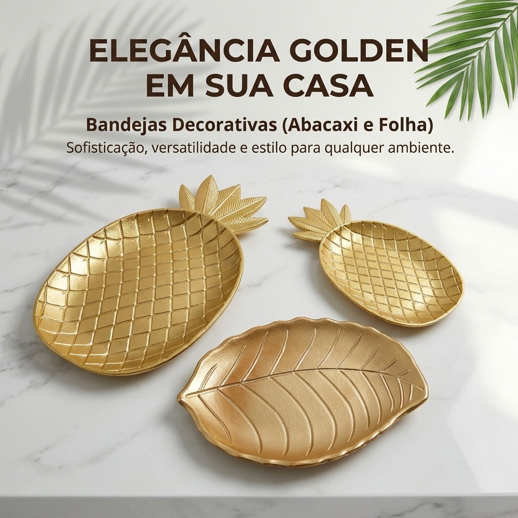 Bandeja Decorativa Dourada Resina Abacaxi E Folha
