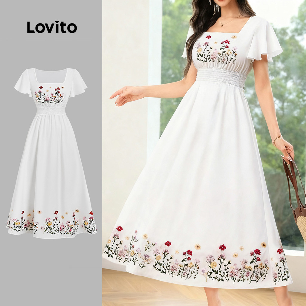 Lovito Vestido Boho Enrugado Primavera/verão Branco para Mulheres LBL31178 em Oferta na Shopee