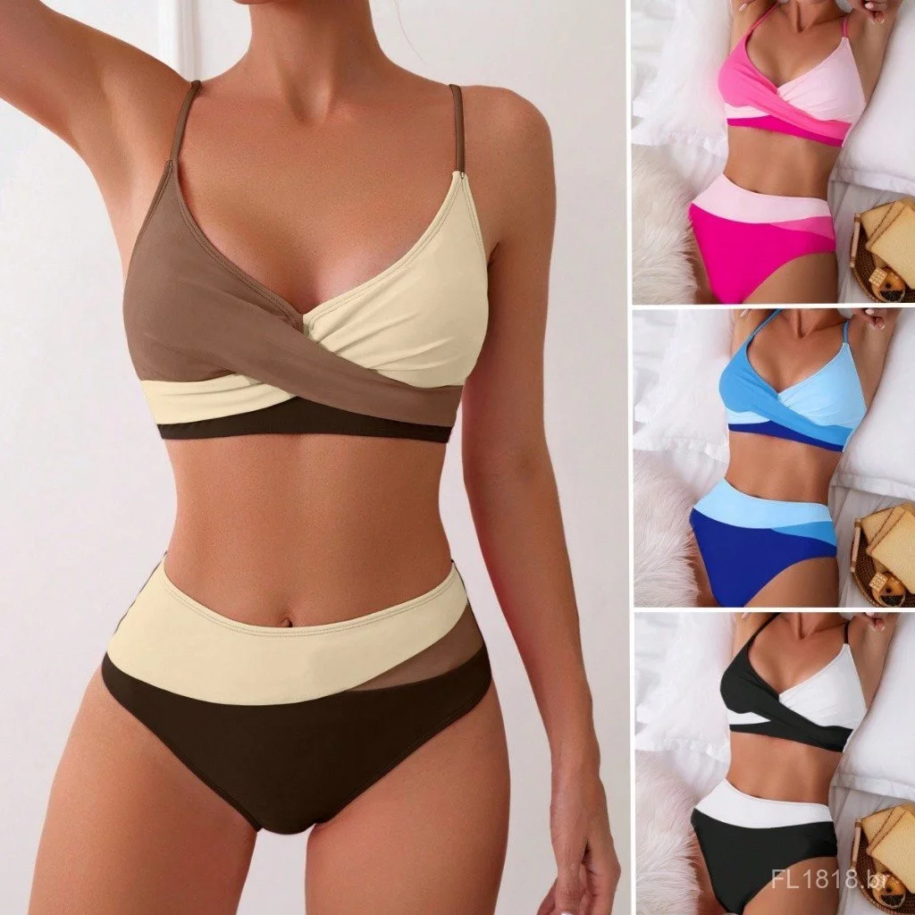 Conjunto de Biquíni Sexy de Cintura Alta para Mulheres com Design de Ponto Cruz e Bloqueio de Cores