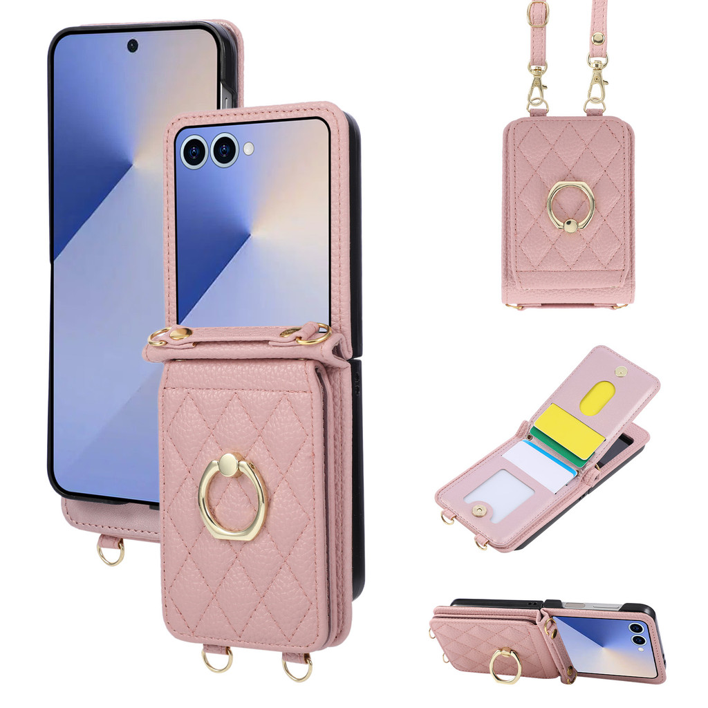 Moda Crossbody Anel Titular Cartões Solt Carteira De Couro Caso Telefone Para Samsung Galaxy Z Flip 7 6 5 4 3 Longo Cord