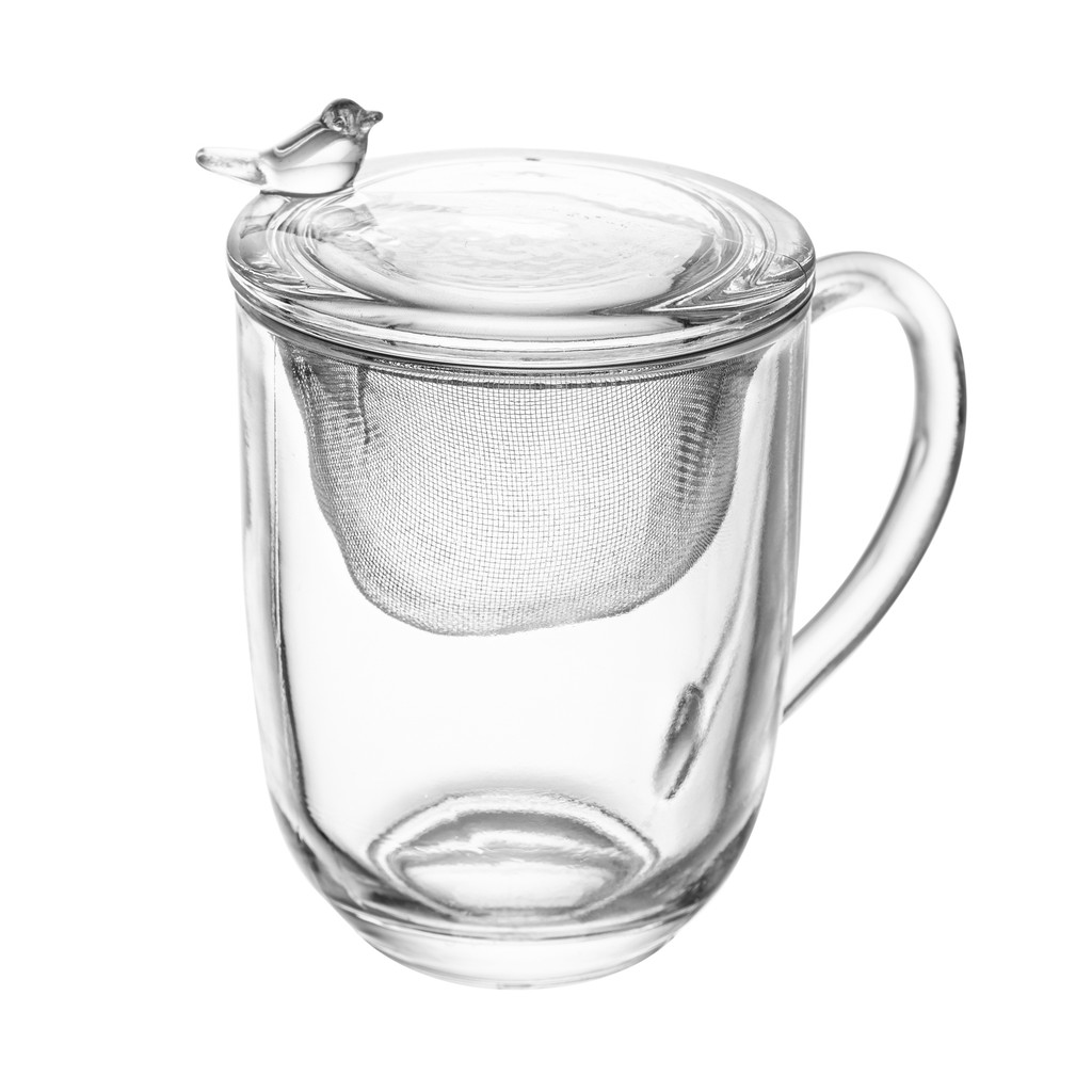 Caneca com Tampa Vidro Filtro infusor de cha Cristal Bird 350ml Wolff - Caneca Filtro Chá Café