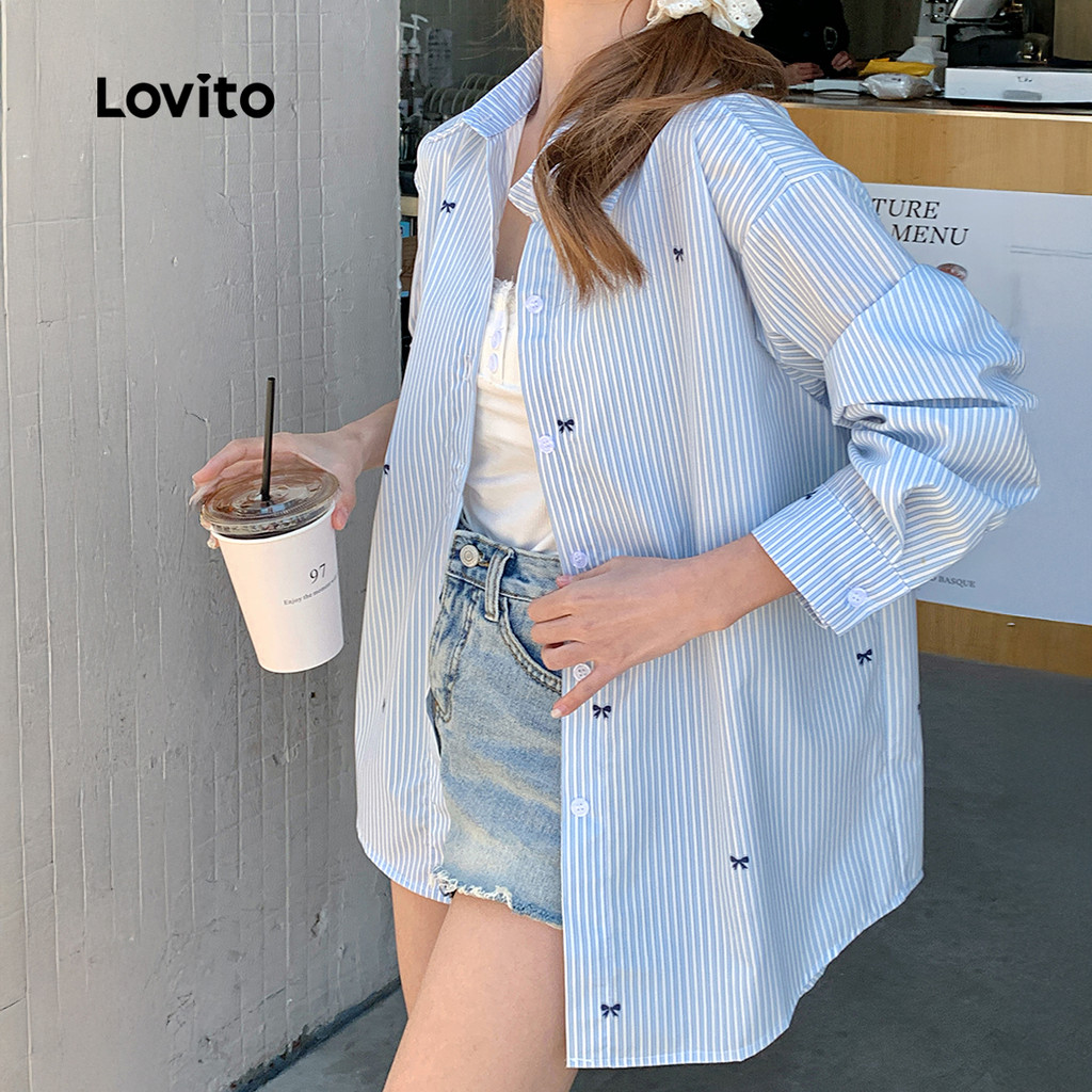 (NEW) Lovito Blusa Casual lazer simples outono/inverno blusa azul para mulheres LK3AD055 em Oferta na Shopee