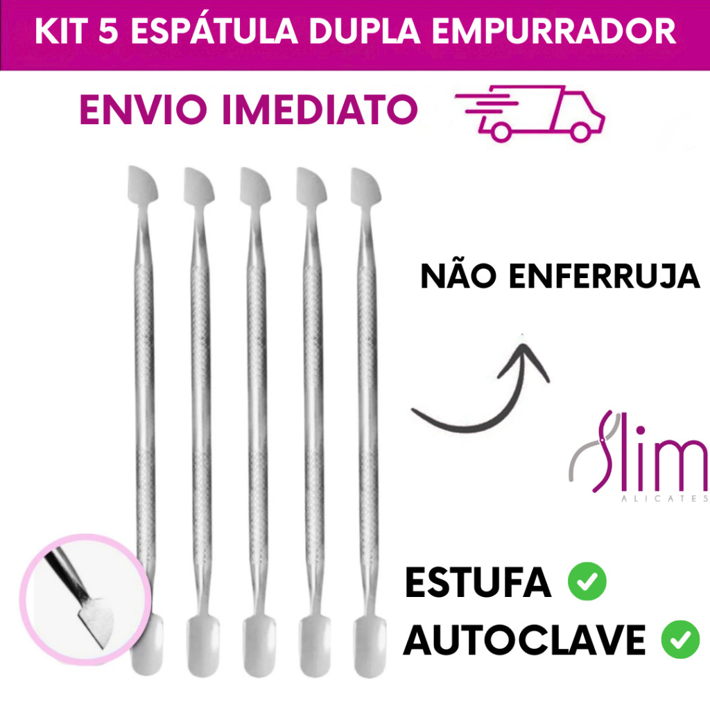 Kit 5 Espátula Dupla Empurrador Inox Profissional Manicure e Pedicure Slim