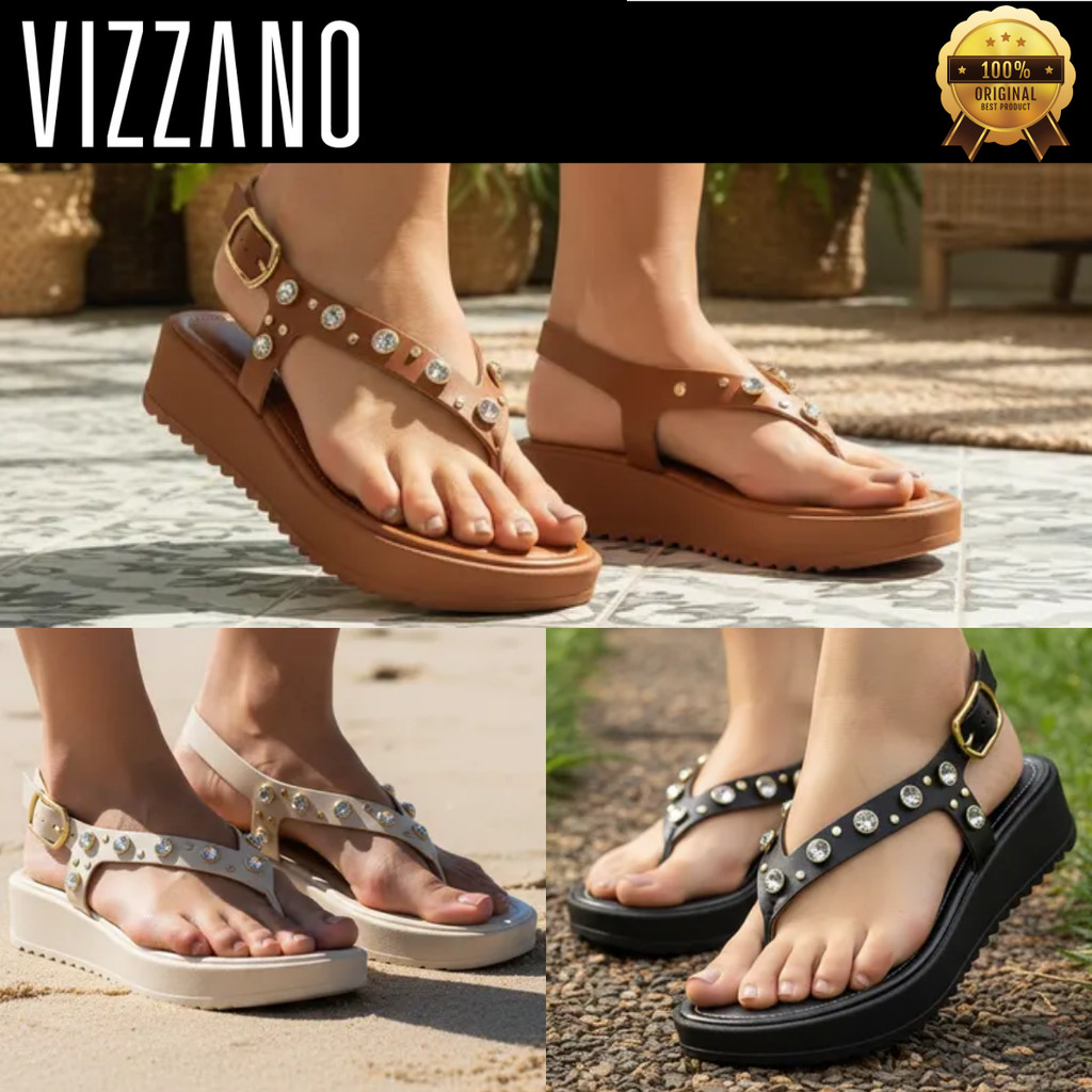 Sandália Feminina Vizzano Salto Plataforma Grosso Confortável Brilho Cravejado em Pedra Original