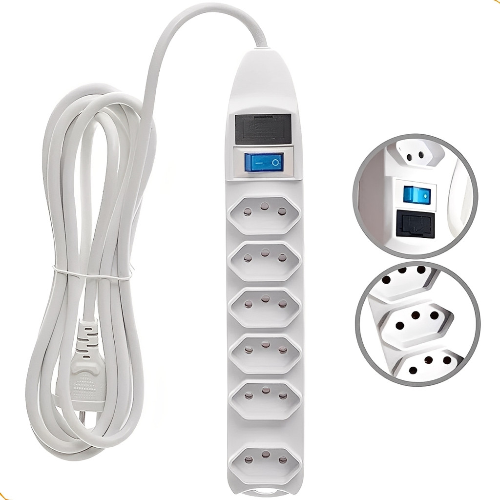 Extensão Elétrica Filtro de Linha 6 Tomadas Fusível Bivolt 1,5m com Chave ON/OFF Padrão NBR14136 10A em Oferta na Shopee