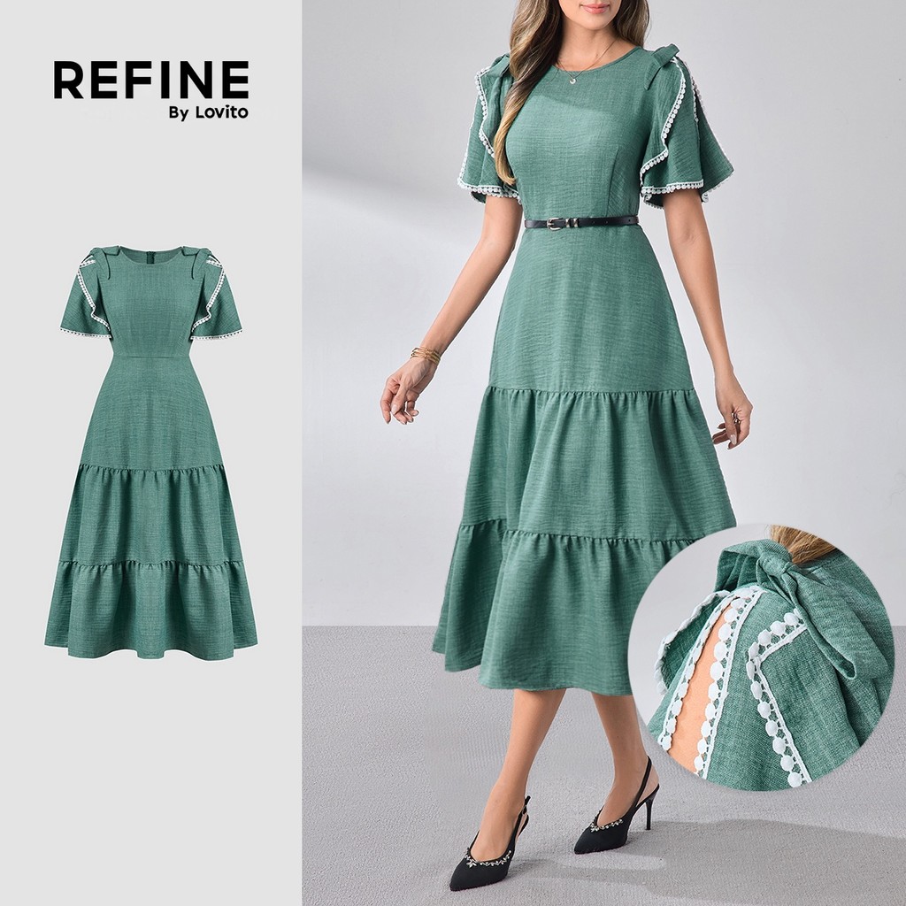 (Refine by Lovito) Vestido Elegante Verão/primavera Em Camadas Sólida Boa Textura Vestido Verde Para Mulheres LR12L029
