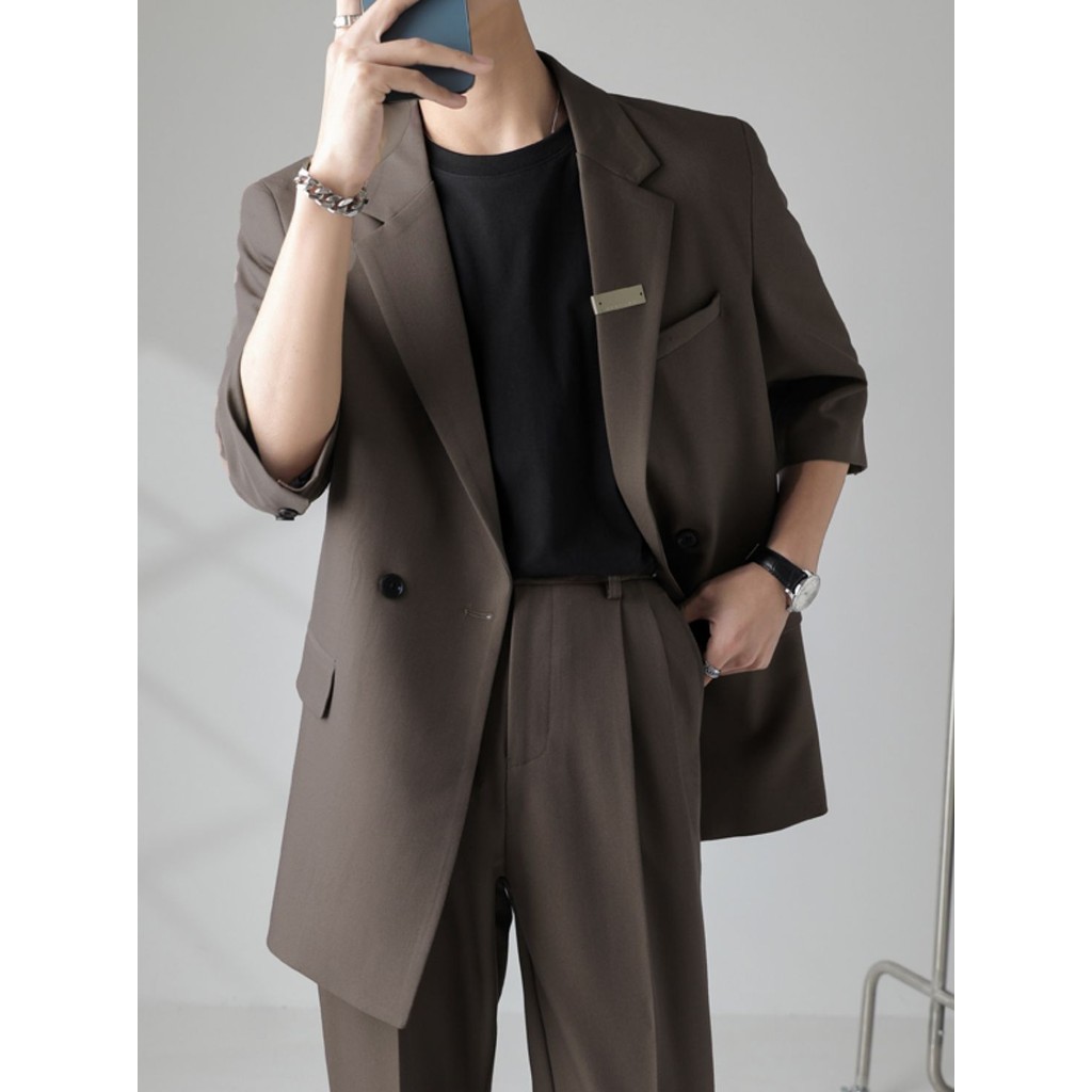 Luz estilo maduro terno de manga curta jaqueta terno masculino Wear juventude versão coreana na moda solto Casual manga 