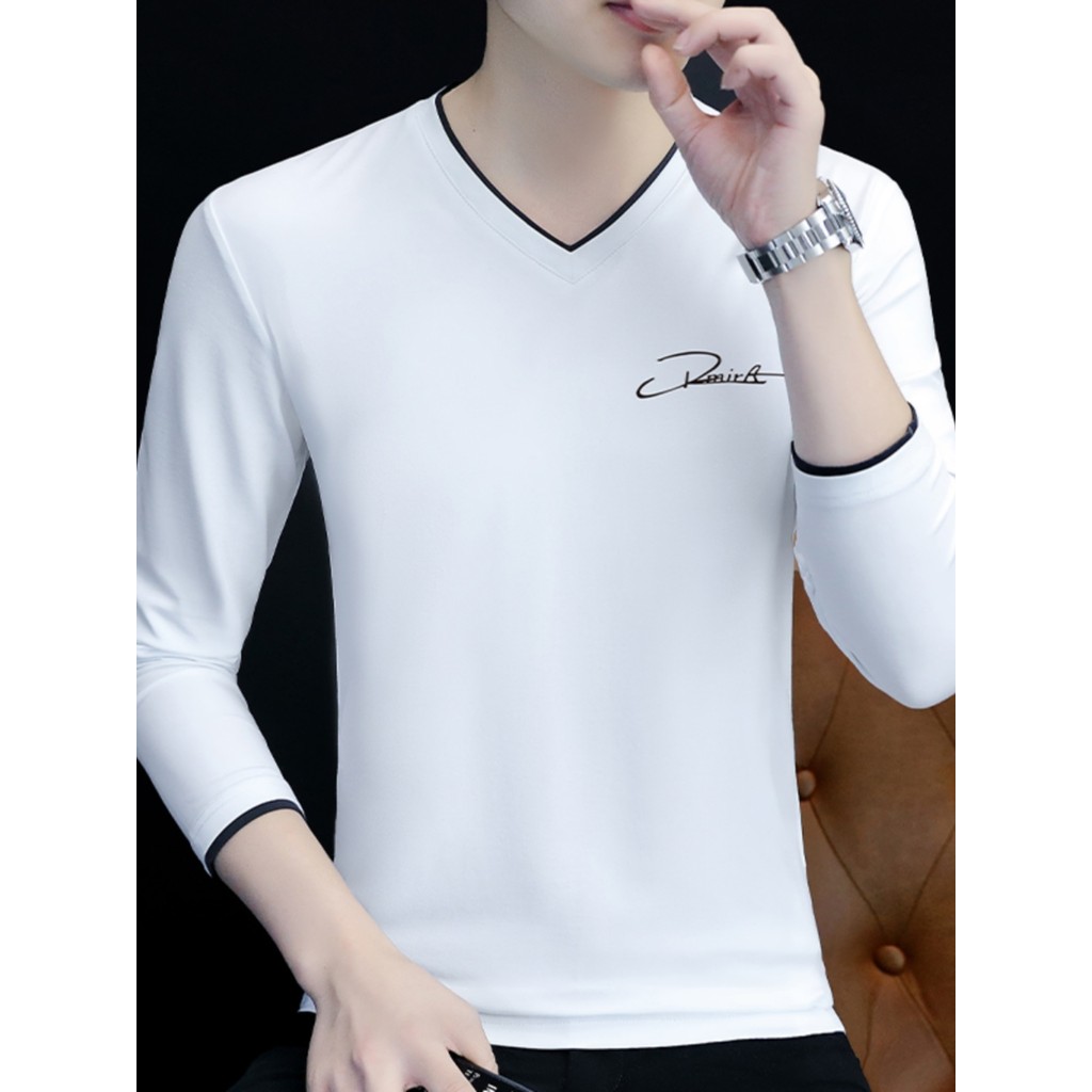 Camiseta masculina de manga comprida primavera outono com decote em V simples All-Match camiseta puro algodão outono rou