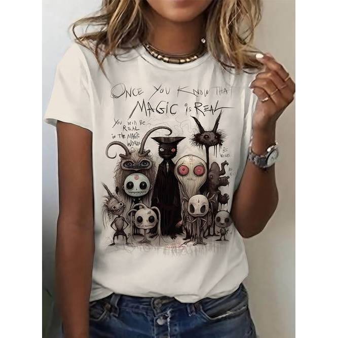 Camiseta Feminina Monstro Divertido Letras Coloridas Estilosa Confortável Divertida Casual