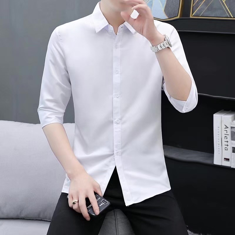 Camisa de manga de três quartos de seda gelo roupas masculinas fino ajuste na moda meia manga 2021 novo estilo verão cab