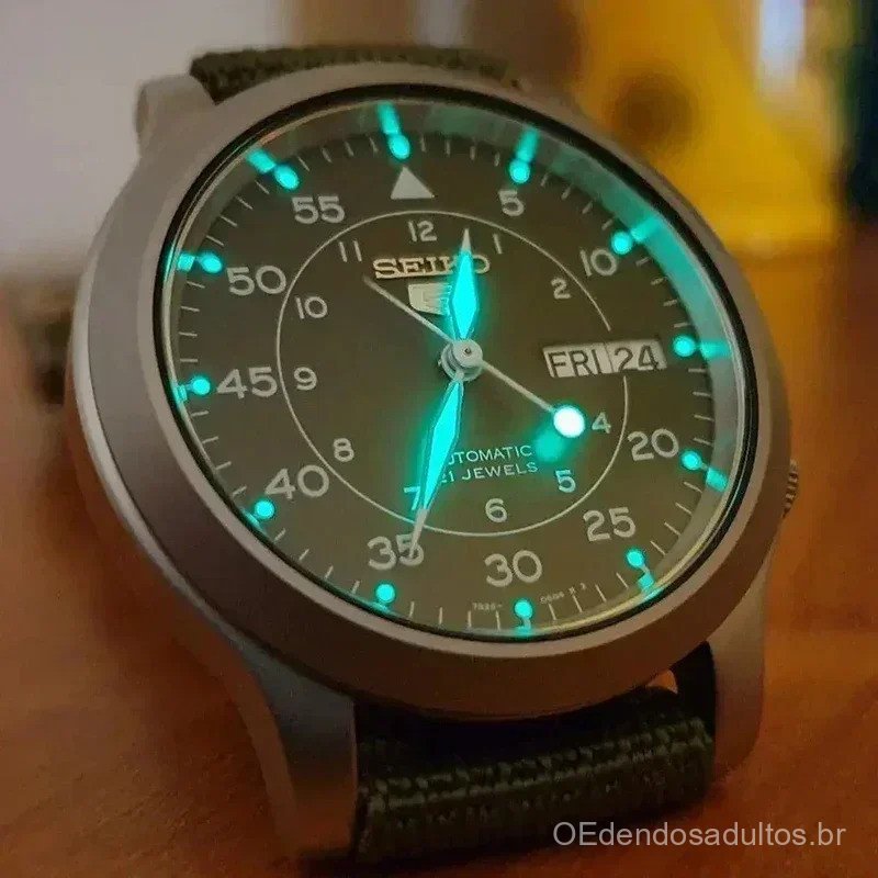 Relógio Automático Original SEIKO SNK805 em Aço Inoxidável com Pulseira de Lona Verde, Estilo Casual e Fashion 5
