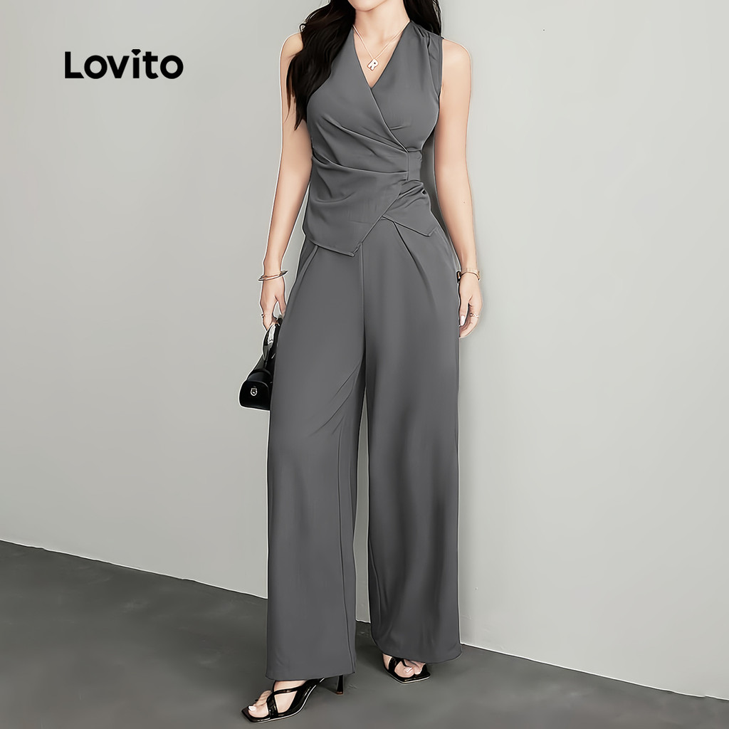 Lovito Elegante Calças Cinza de Primavera/verão com Pregas para O Dia a dia L183ED1069