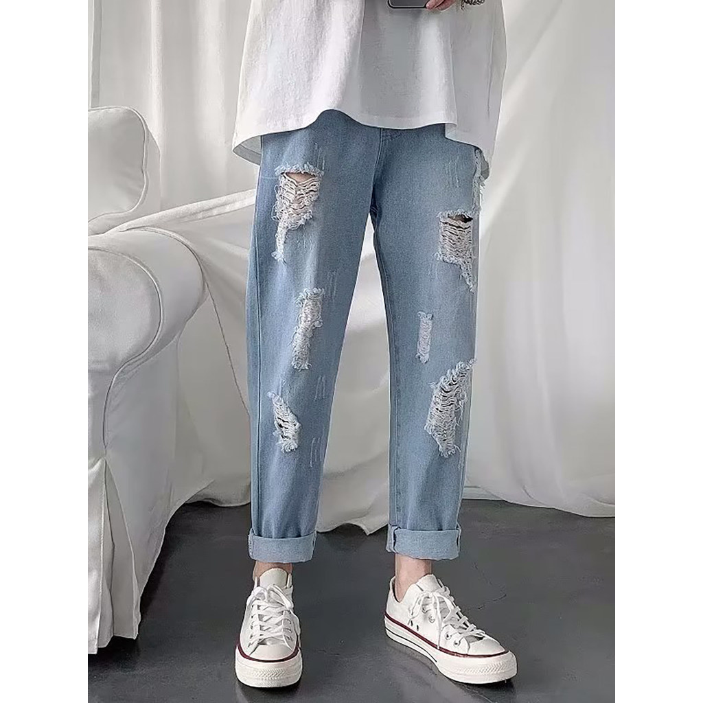 Calça jeans reta com Design rasgado, calça jeans até o tornozelo, versão coreana, verão, estilo fino, bf, solta, perna l