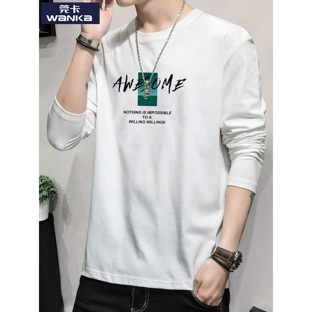 Puro algodão branco de manga comprida camiseta masculina primavera outono moletom solto Casual algodão mercerizado duas
