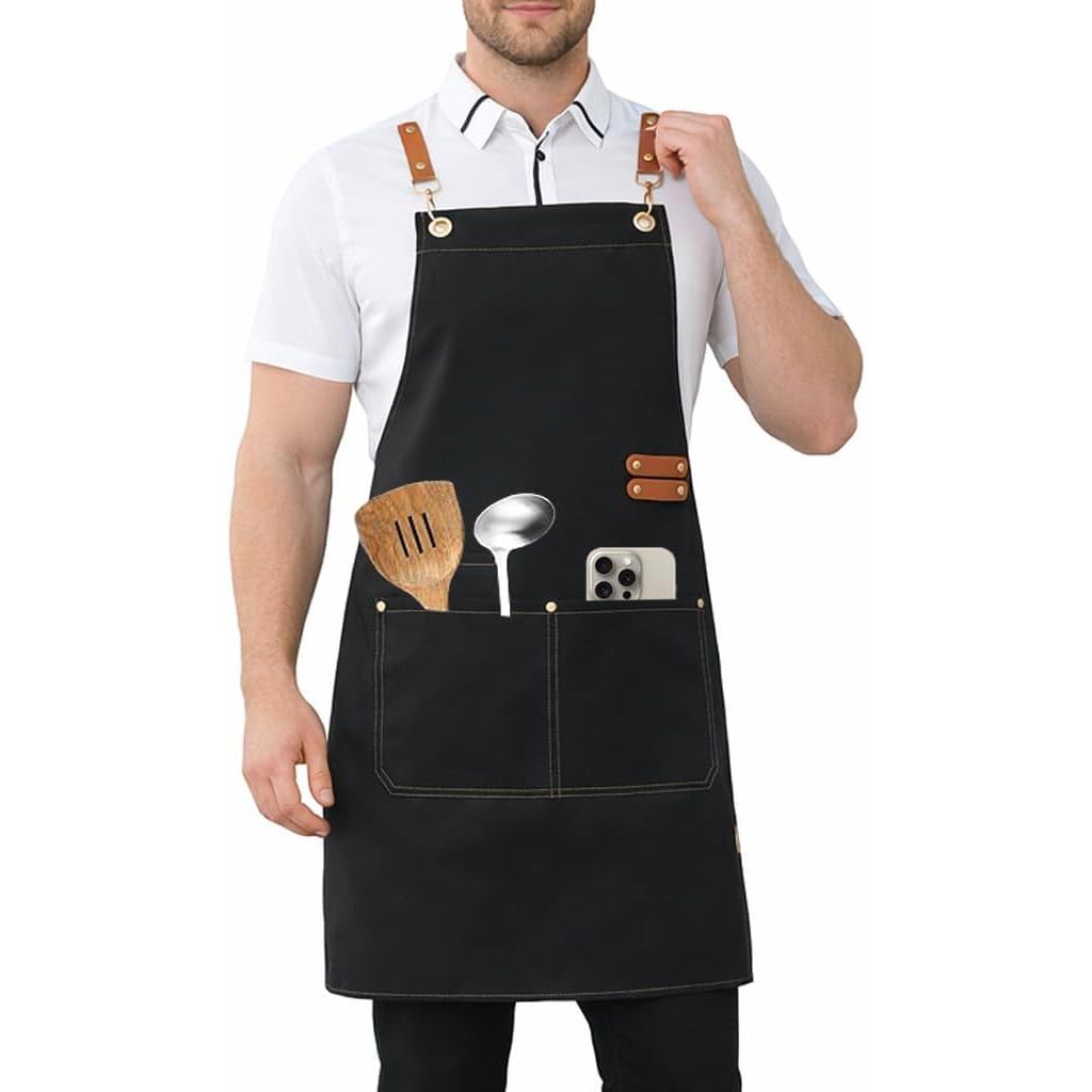 Avental de Cozinha para Homens e Mulheres, Avental Impermeável com 4 Bolsos, Avental de Cozinha Ajustável para Churrasco