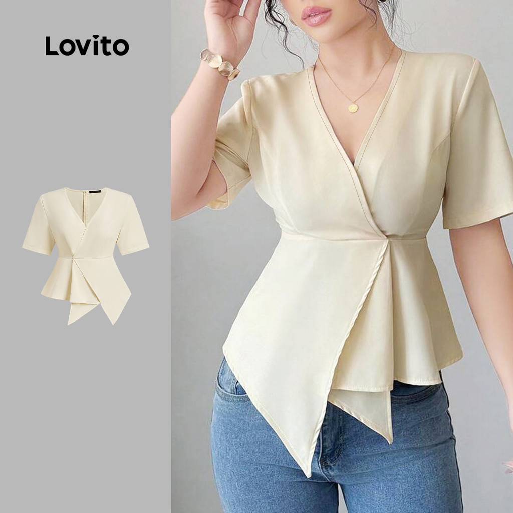 Lovito Elegante Blusa Pregueada Assimétrica Primavera/verão Blusa Offwhite para Mulheres L138AD845