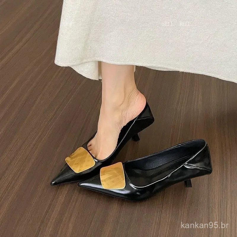 Elegantes sapatos femininos de poliuretano com salto fino, estilo retrô de verão, com bico fino francês e fivela de meta