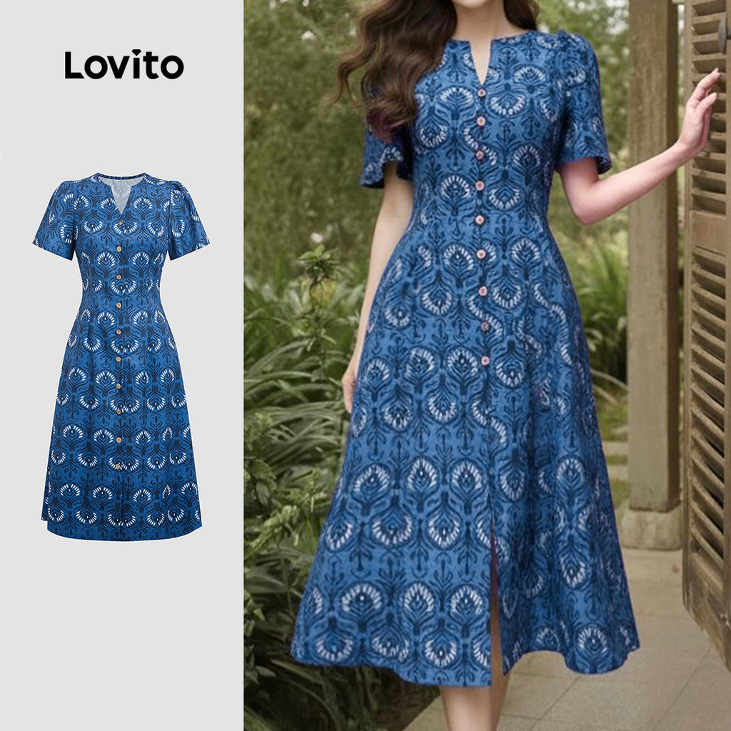 Lovito Vestido elegante com zíper e botão frontal vestido primavera/verão para mulheres L176LD074