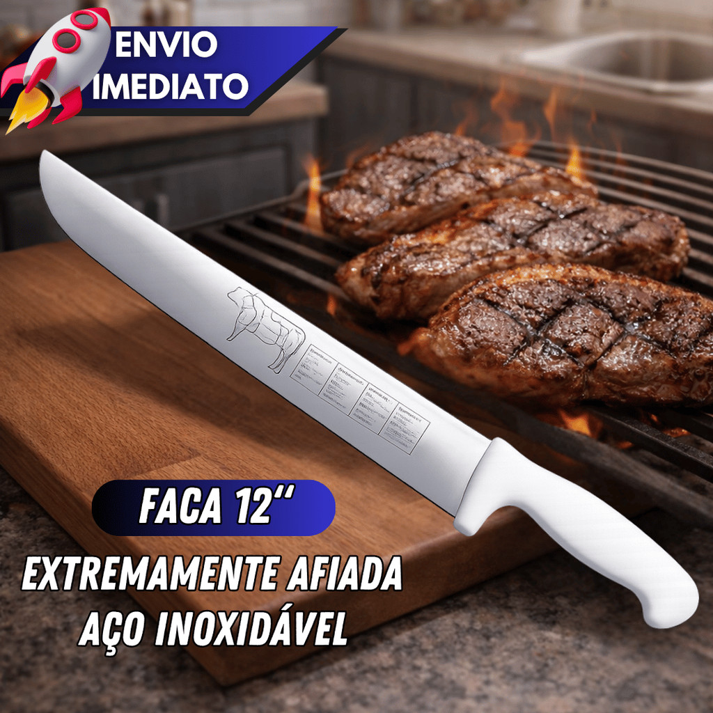 Imagem Kit 1 Faca 12 Polegadas Cabo Branco Açougueiro Churrasqueiro Profissional Para Carnes Churrasco Cozinha